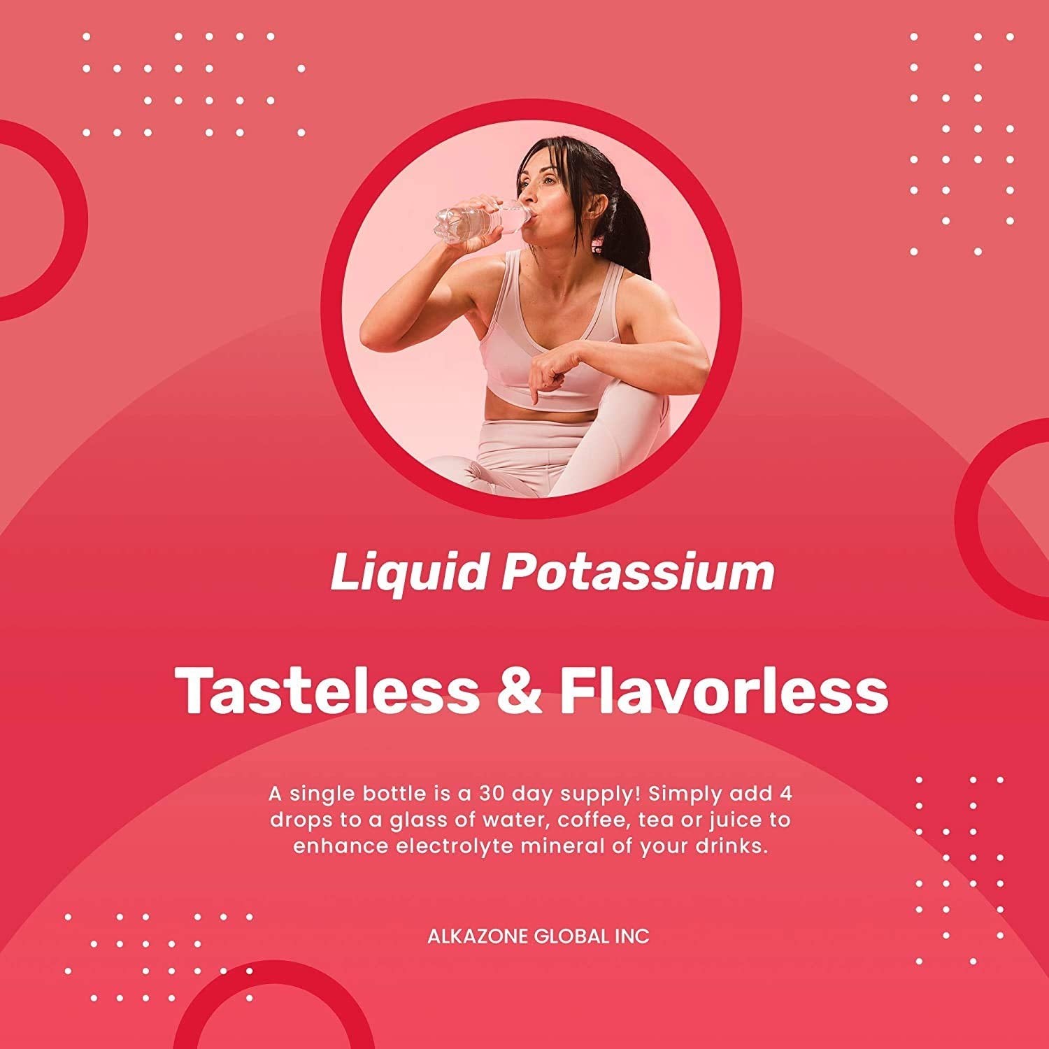 Alkazone Liquid Potassium Plus sip-ready bottle cap helps on-the-go hydration.