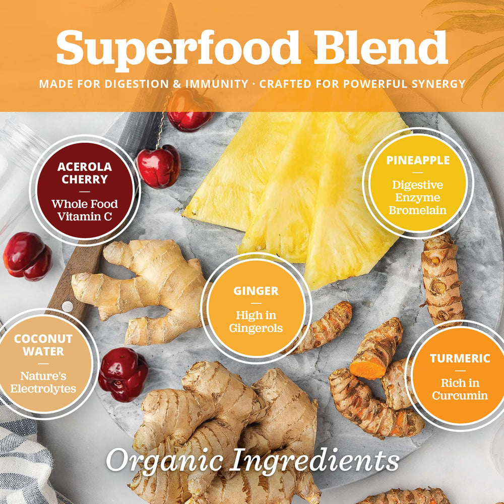 All About Juicing pineapple-ginger powder organic ingredients highlighted for clean label and convenience