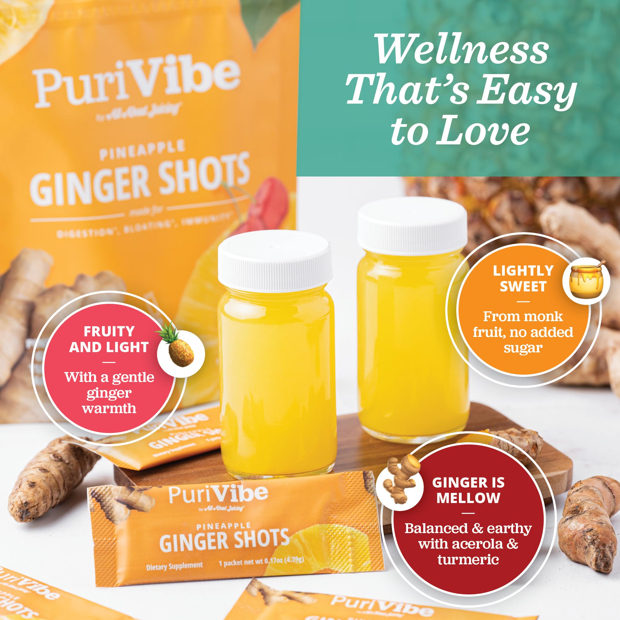 All About Juicing PuriVibe wellness stick pack front for on-the-go hydration and routine