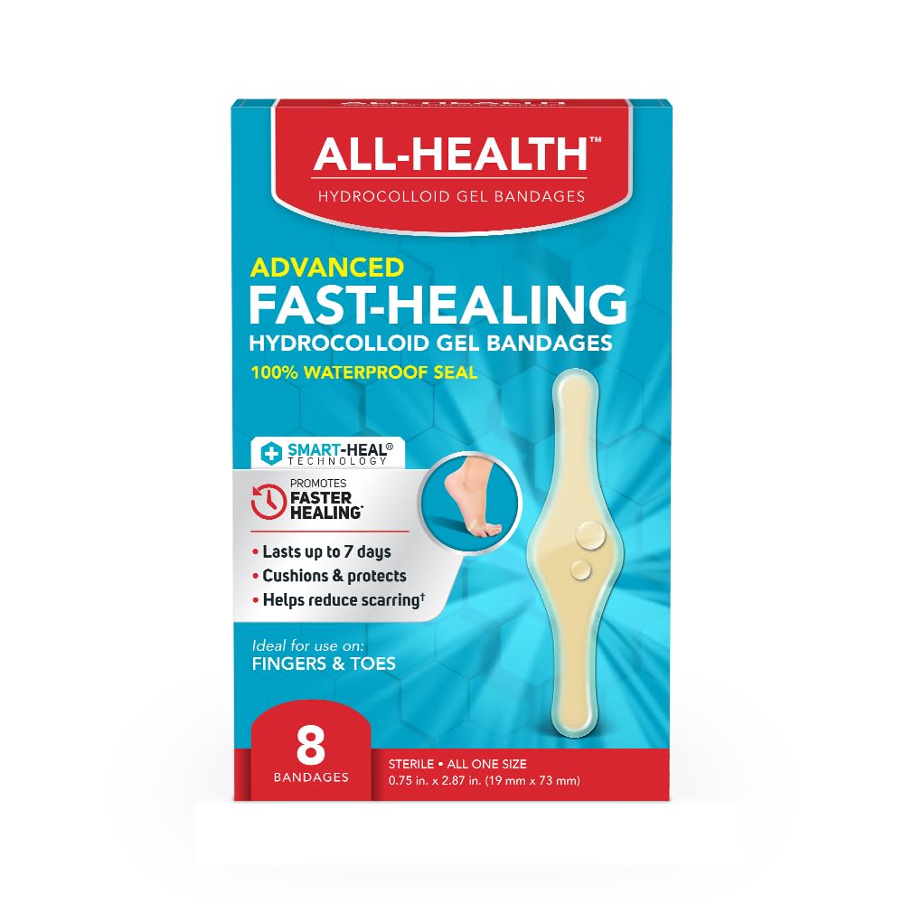 All Health Advanced Fast Healing hydrocolloid bandages packaging shown for easy first aid access.