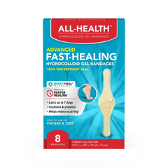 All Health Advanced Fast Healing hydrocolloid bandages packaging shown for easy first aid access.