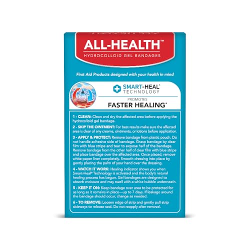 All Health bandages variety sizes open box demonstrates flexible coverage for blisters and small cuts