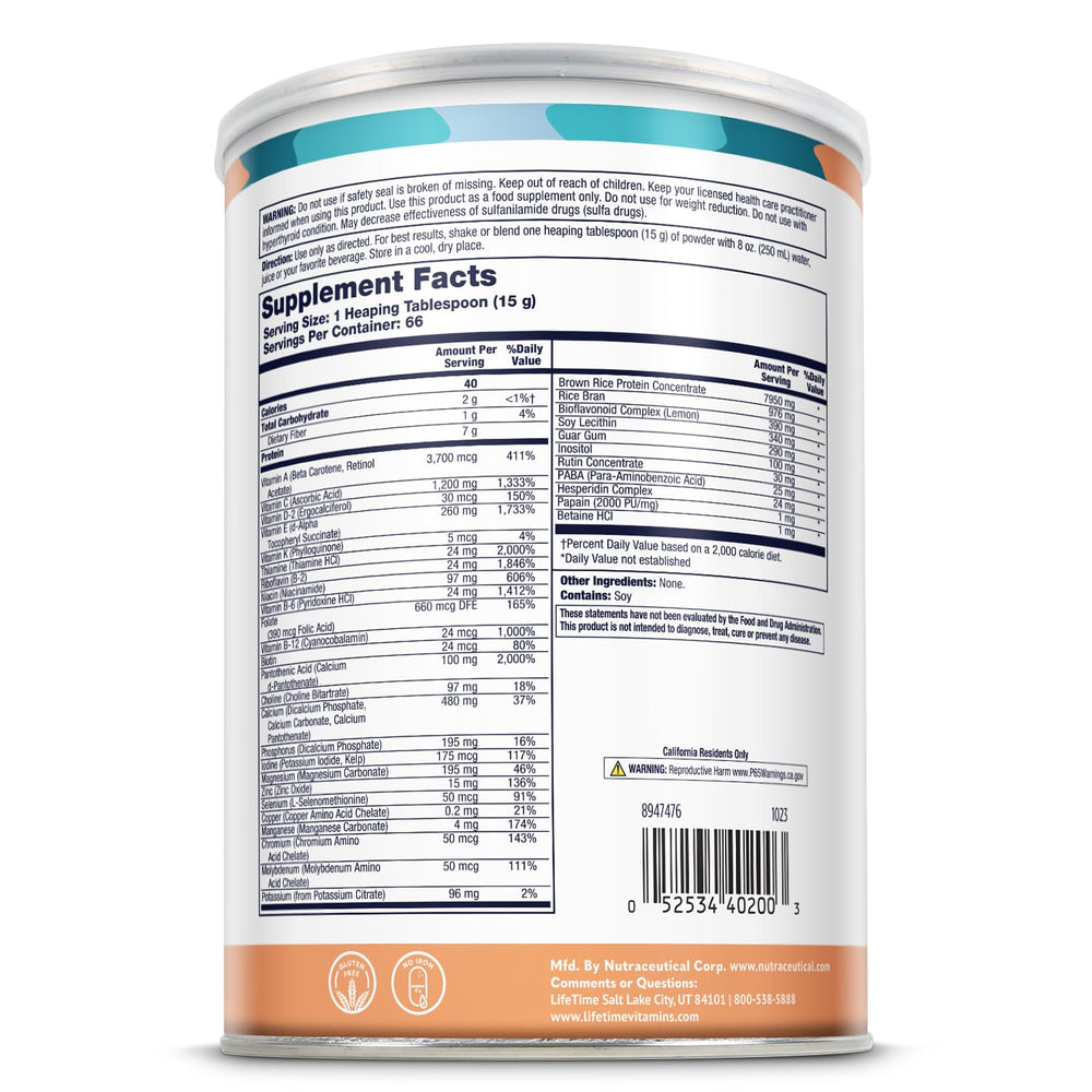 ALL ONE Rice Base bottle contents show vegan, gluten-free formula with clean ingredients.