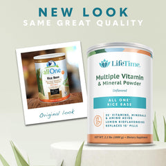 ALL ONE Rice Base label highlights gluten-free, non-GMO, dairy-free nutrition promise.