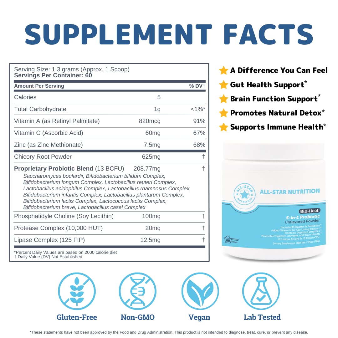 Bio-Heal adult powder tub with 13B CFUs, vitamins, and zinc for daily digestion
