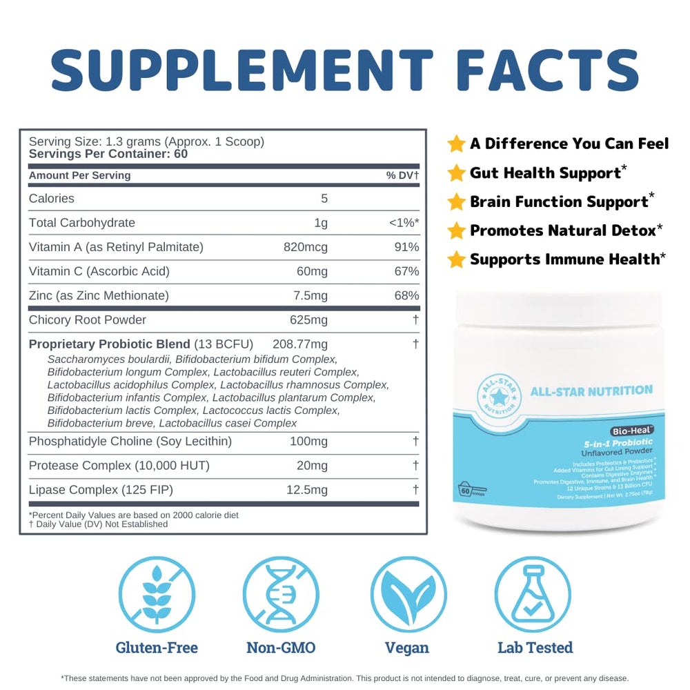 Bio-Heal adult powder tub with 13B CFUs, vitamins, and zinc for daily digestion