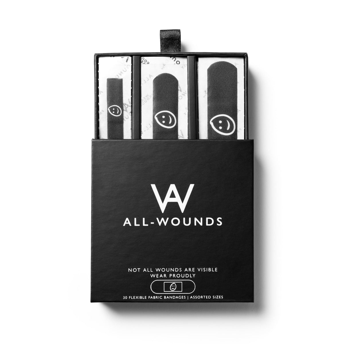 ALL-WOUNDS Smiley Bandages front pack showing a 30-count box for minor wounds.