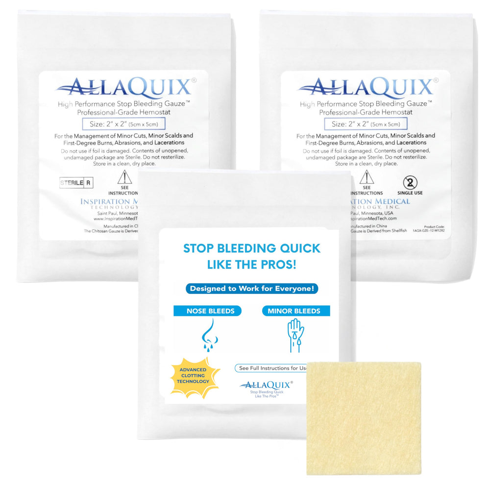 AllaQuix 3-pack 2x2 gauze pads in sterile packaging ready for quick first aid.