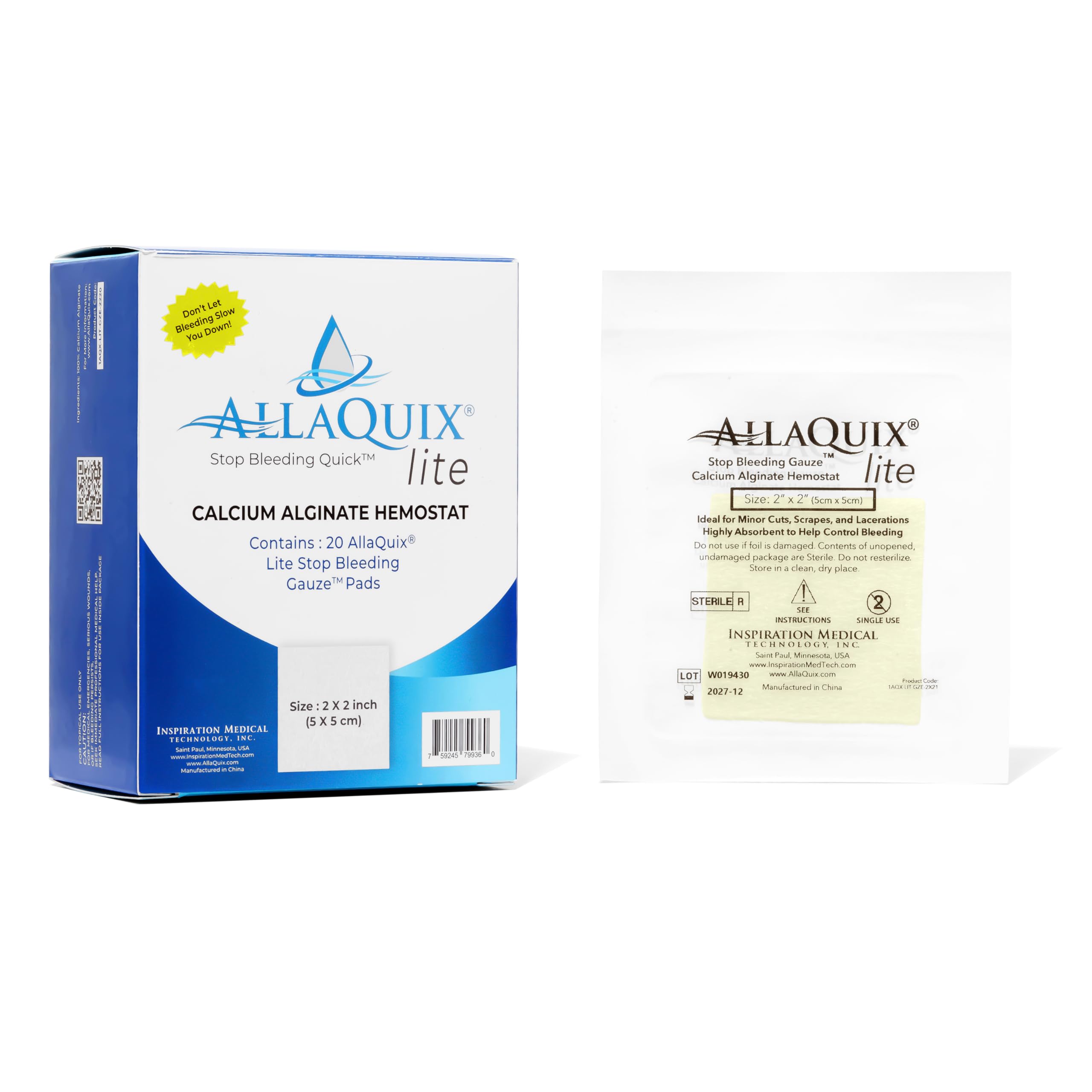 AllaQuix Lite 2x2 gauze pad for fast bleeding control and wound coverage