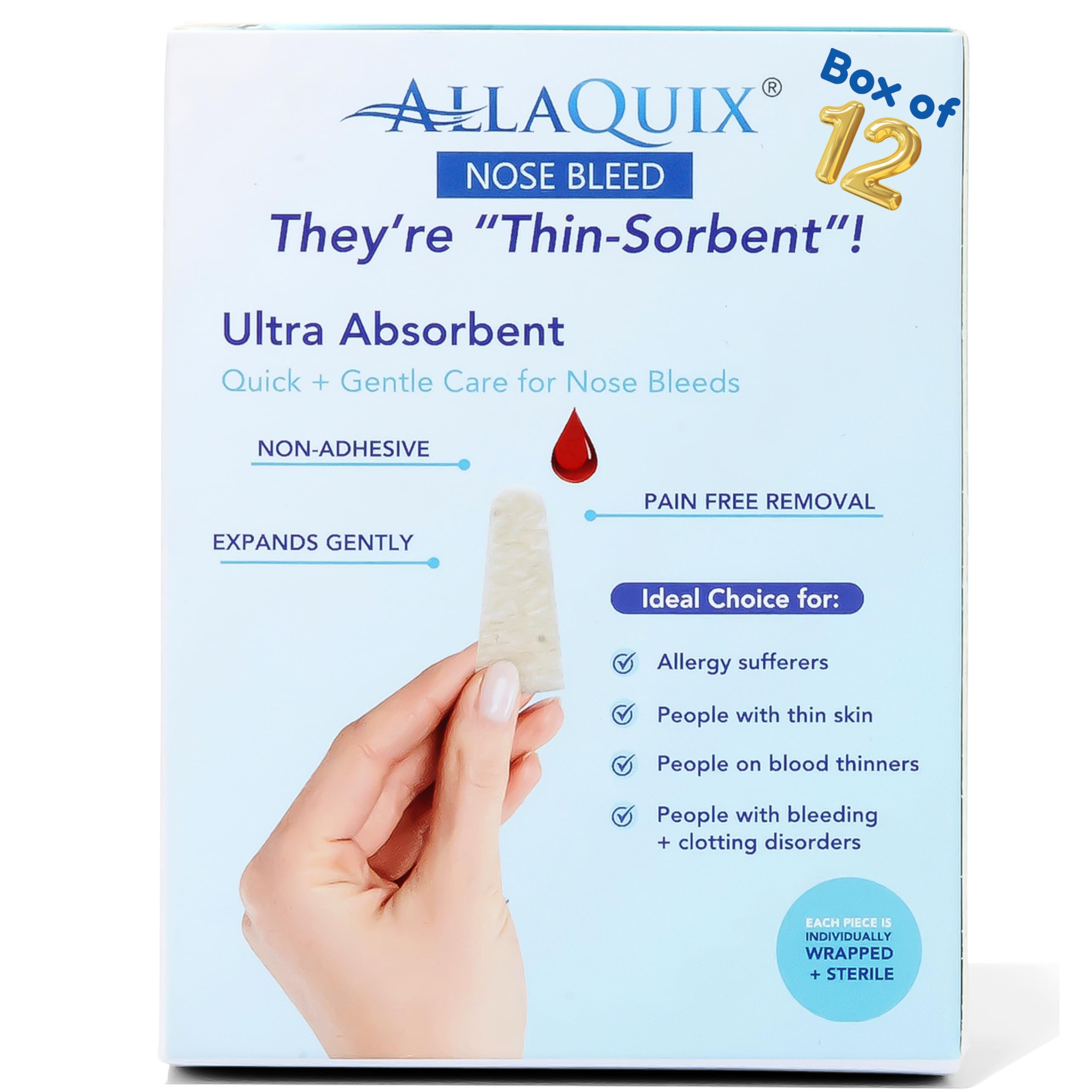 AllaQuix Nose Bleed Stopper box of 12 for quick, clean relief.
