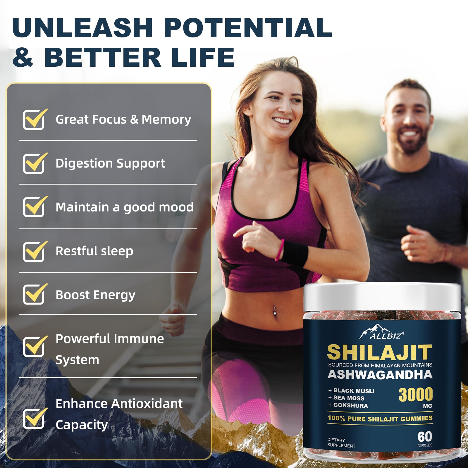 ALLBIZ Himalayan-Shilajit gummies on countertop—vivid color.