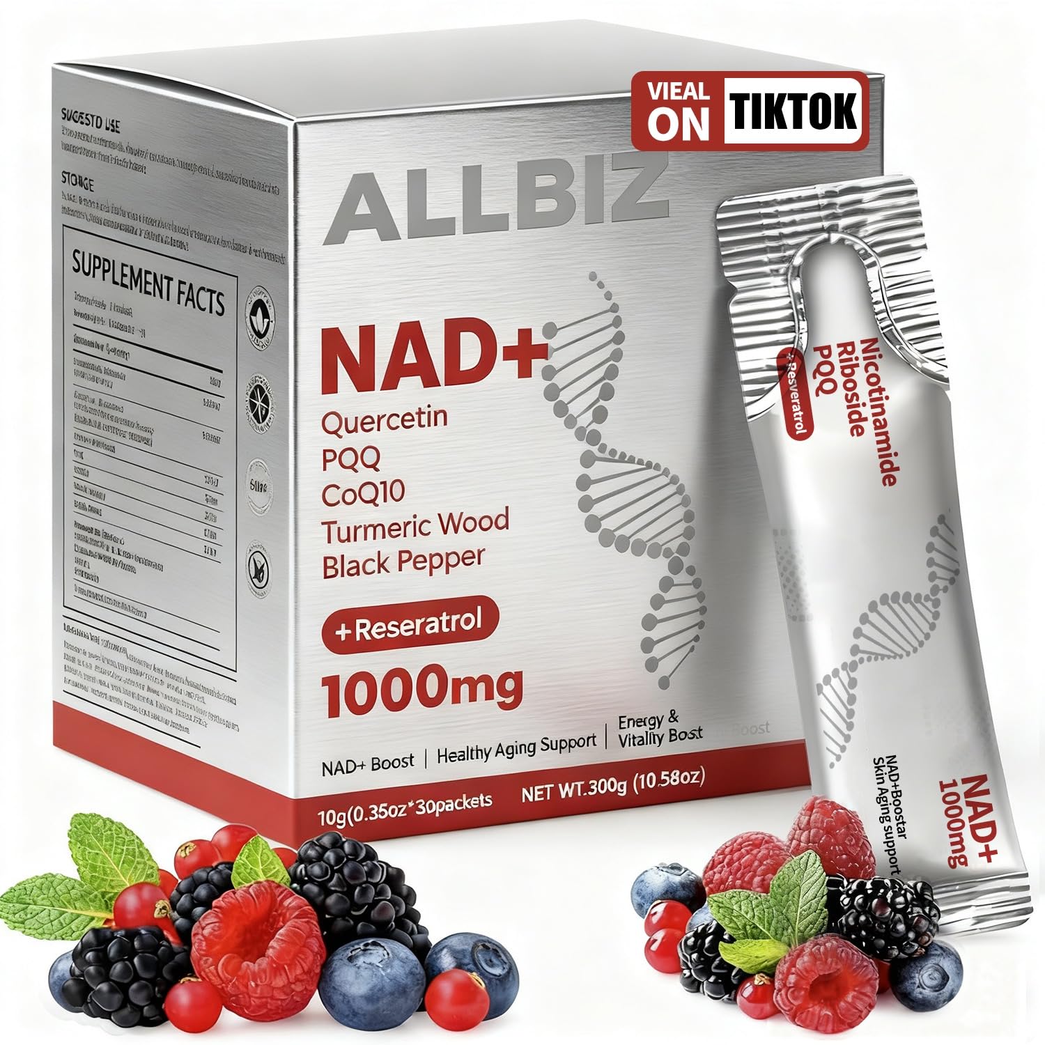 ALLBIZ NAD+ liposomico, botella vertida para uso diario y energía.
