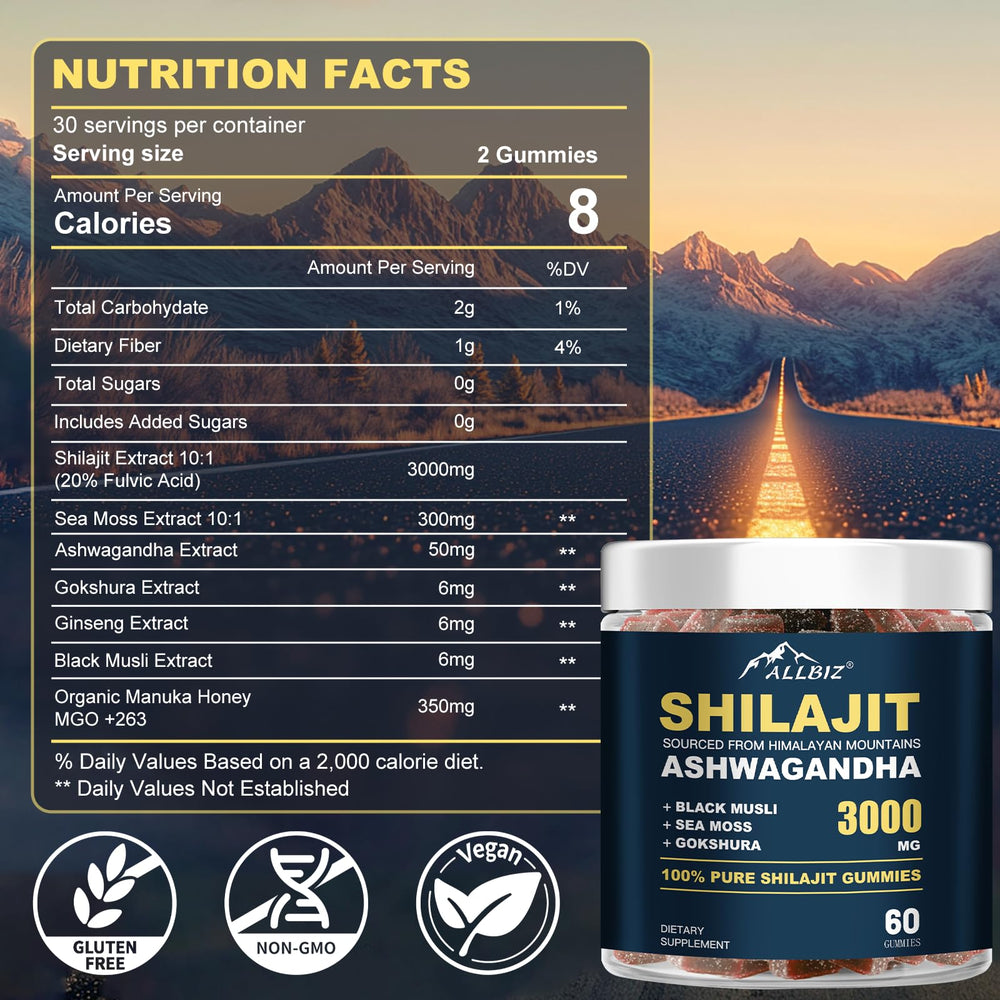 ALLBIZ Shilajit gummies with Ashwagandha and Gokshura—texture close-up.