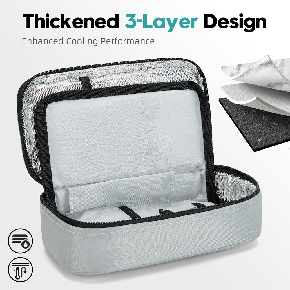 ALLCAMP insulin cooler travel case with ice packs inside ready for travel.