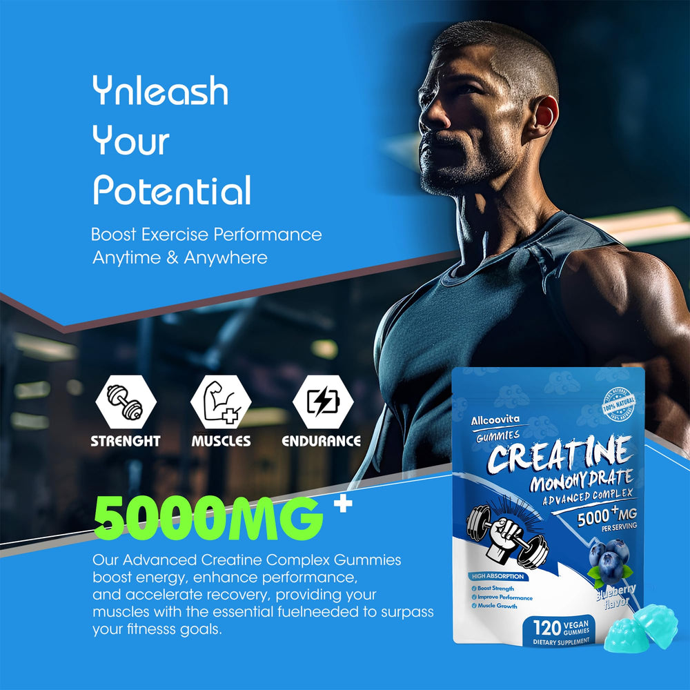 Allcoovita Creatine Monohydrate gummies 120-count bottle on gym bench