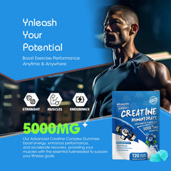Allcoovita Creatine Monohydrate gummies 120-count bottle on gym bench