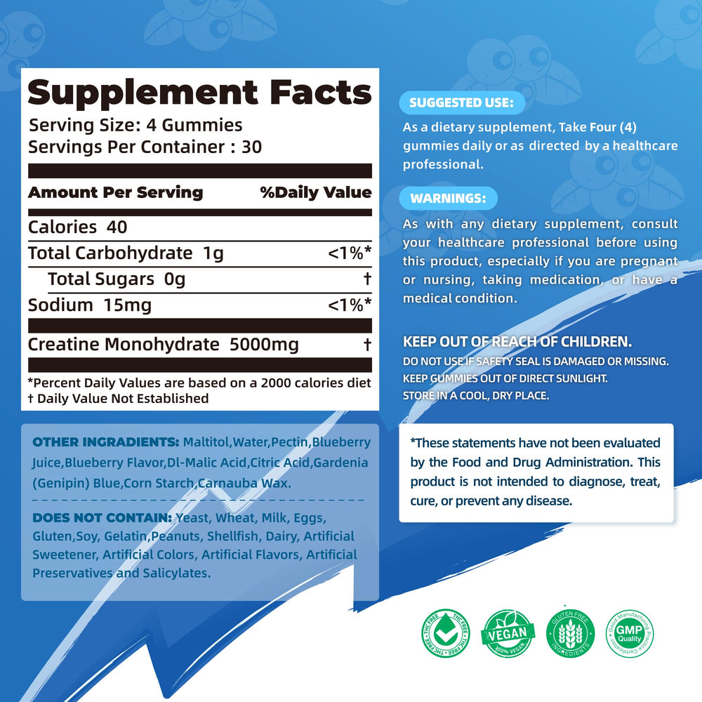 Allcoovita Creatine Monohydrate Gummies blueberry flavor close up for tasty pre workout fuel