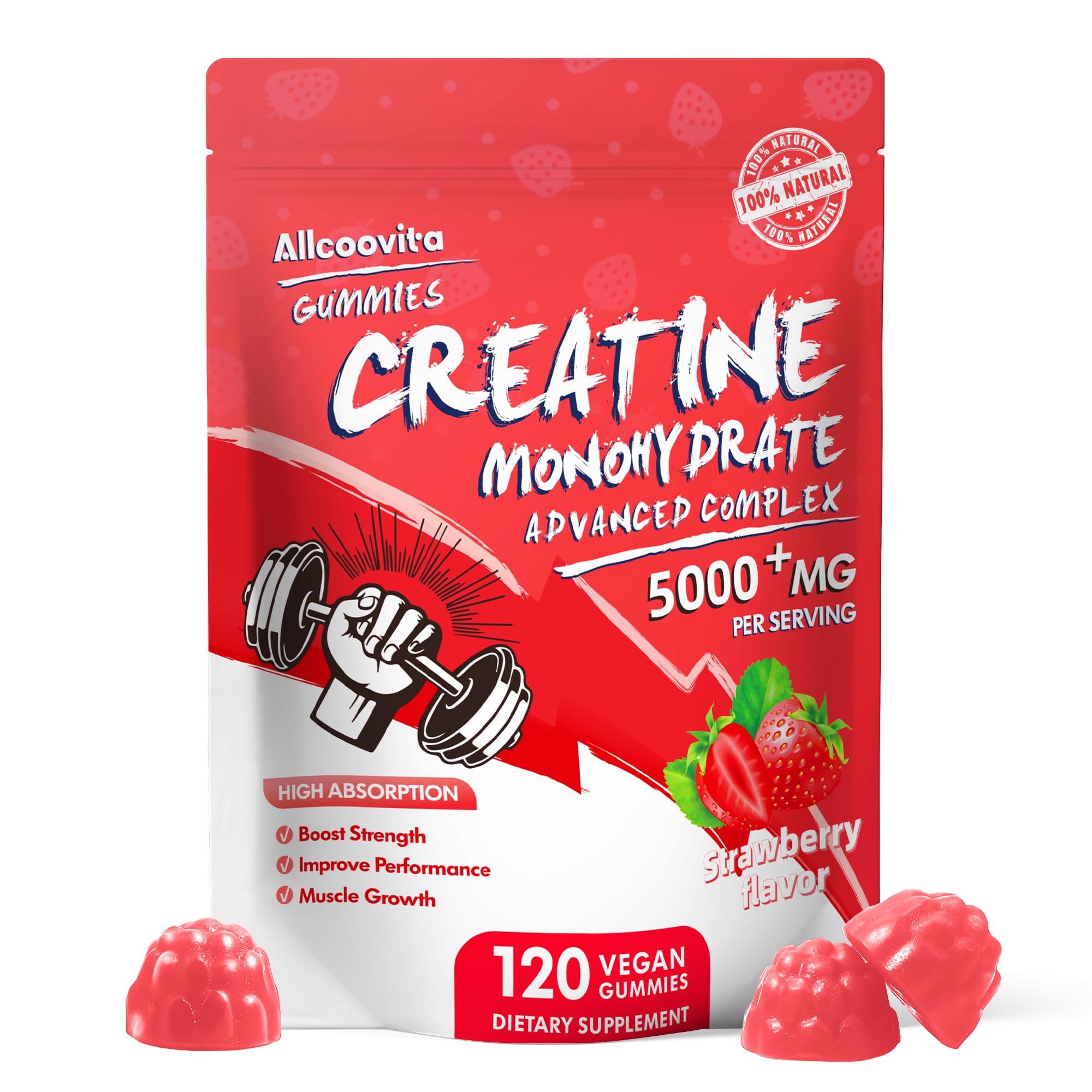 Allcoovita Creatine Monohydrate Gummies strawberry flavor to boost pre-workout routine