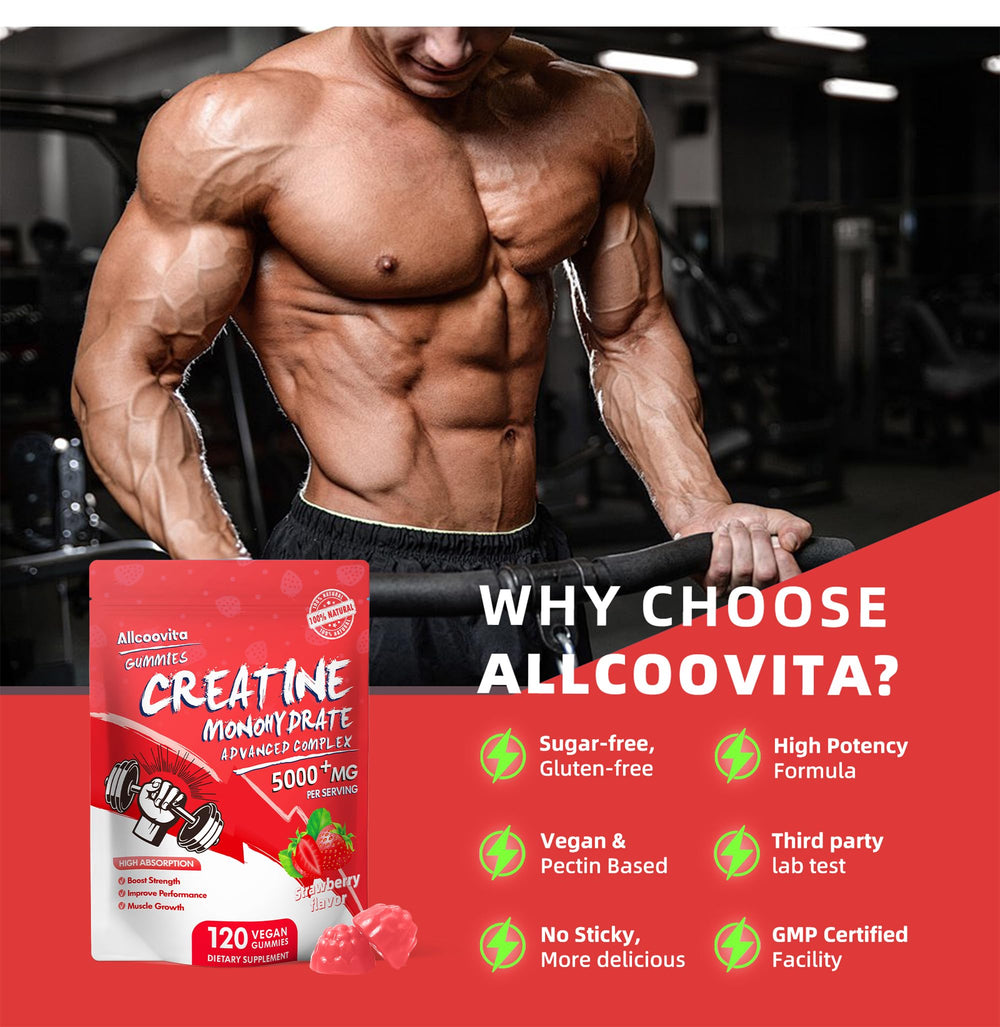 Allcoovita 3 gummies daily serving shown beside a water bottle