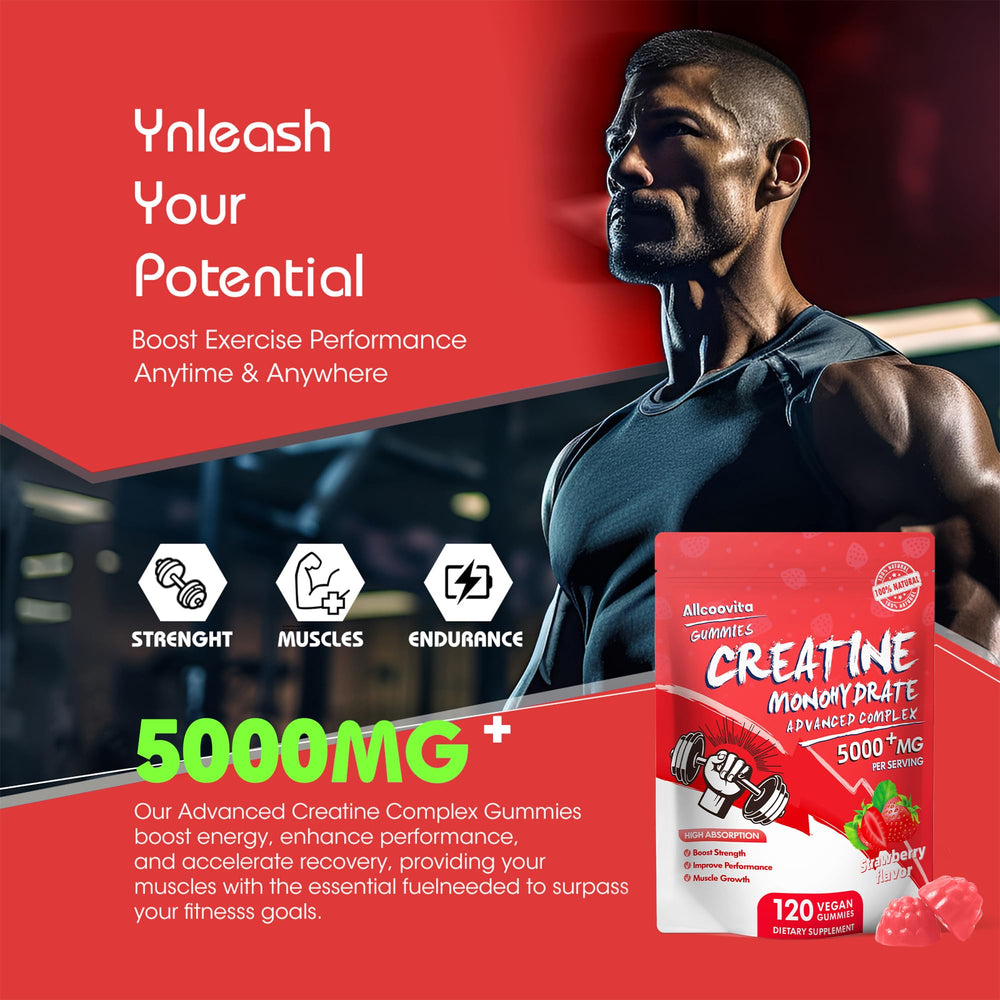 Allcoovita Creatine Monohydrate Gummies strawberry flavor for clean energy before workouts
