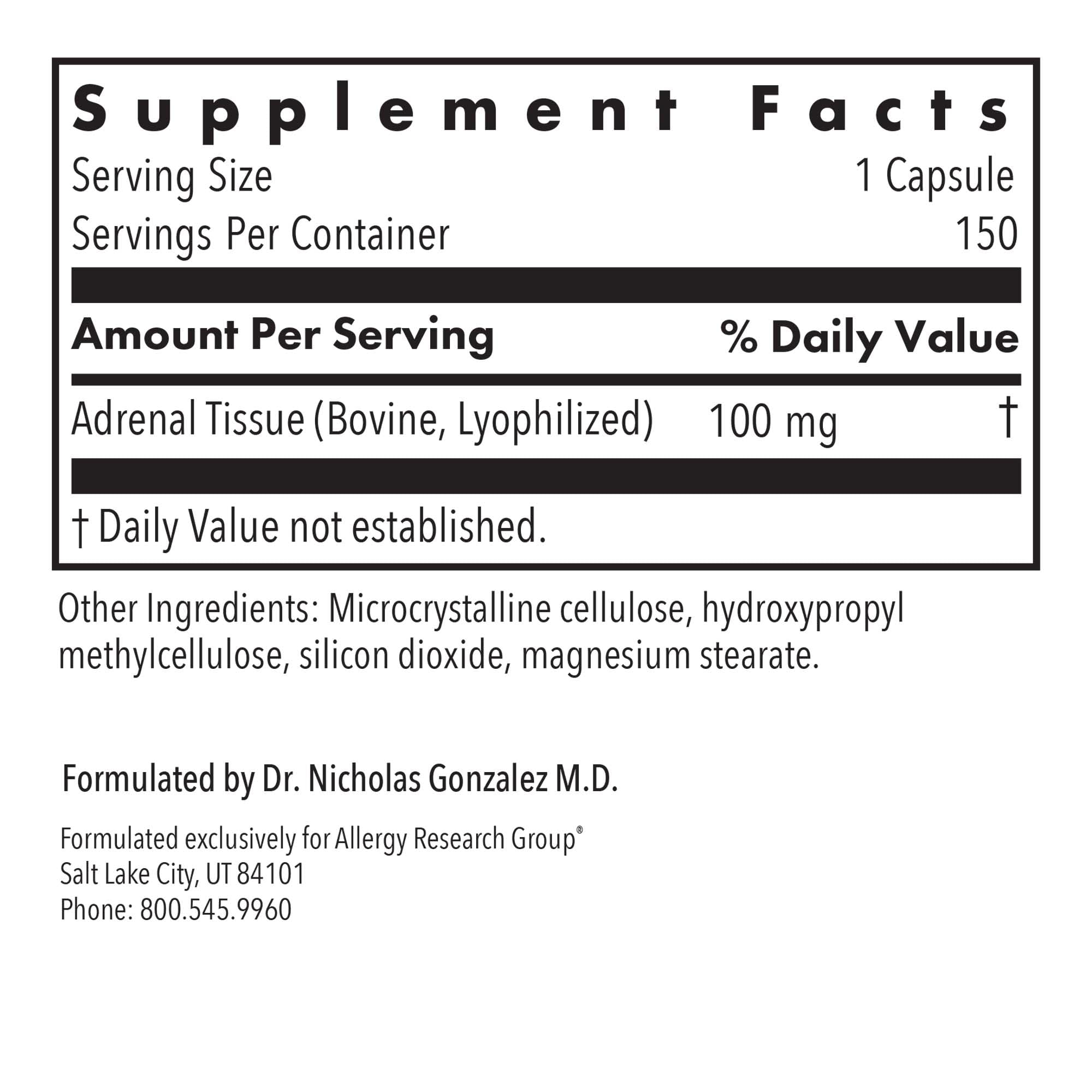 Allergy Research Group adrenal supplement label detail for transparency