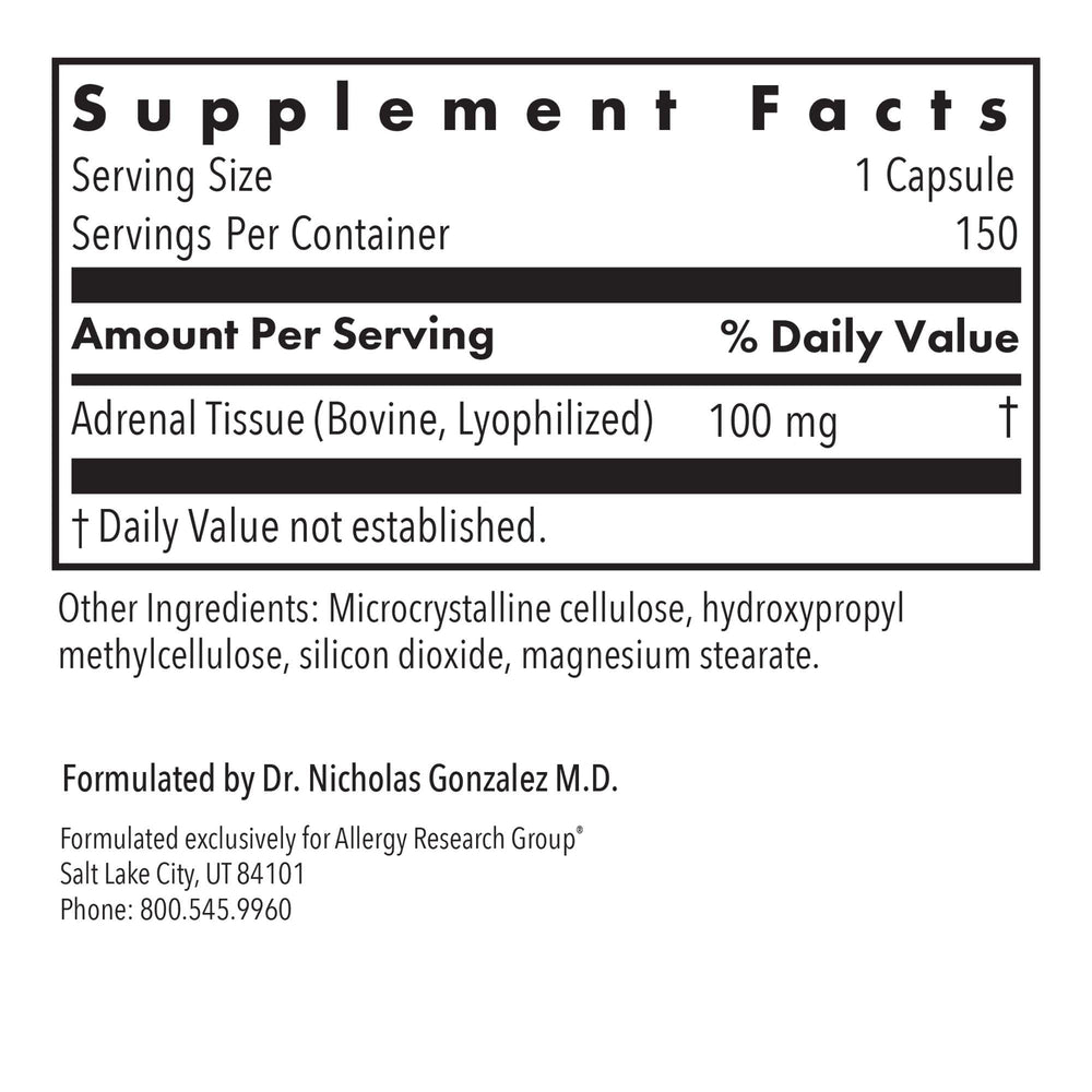 Allergy Research Group adrenal supplement label detail for transparency