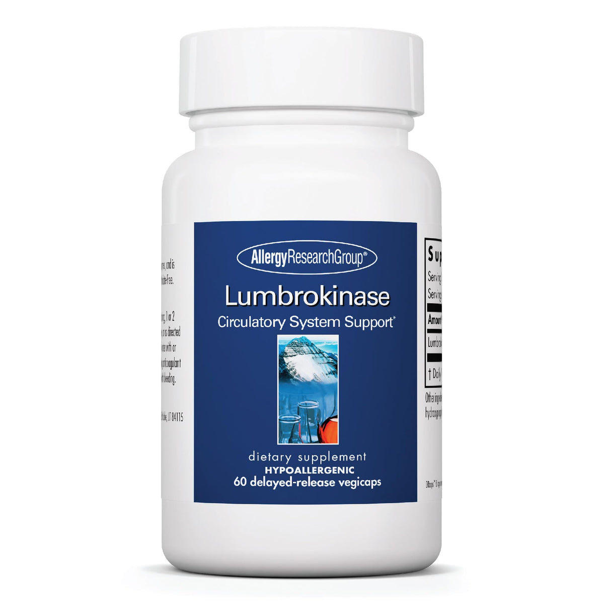 ARG lumbrokinase bottle front shows circulatory support benefits