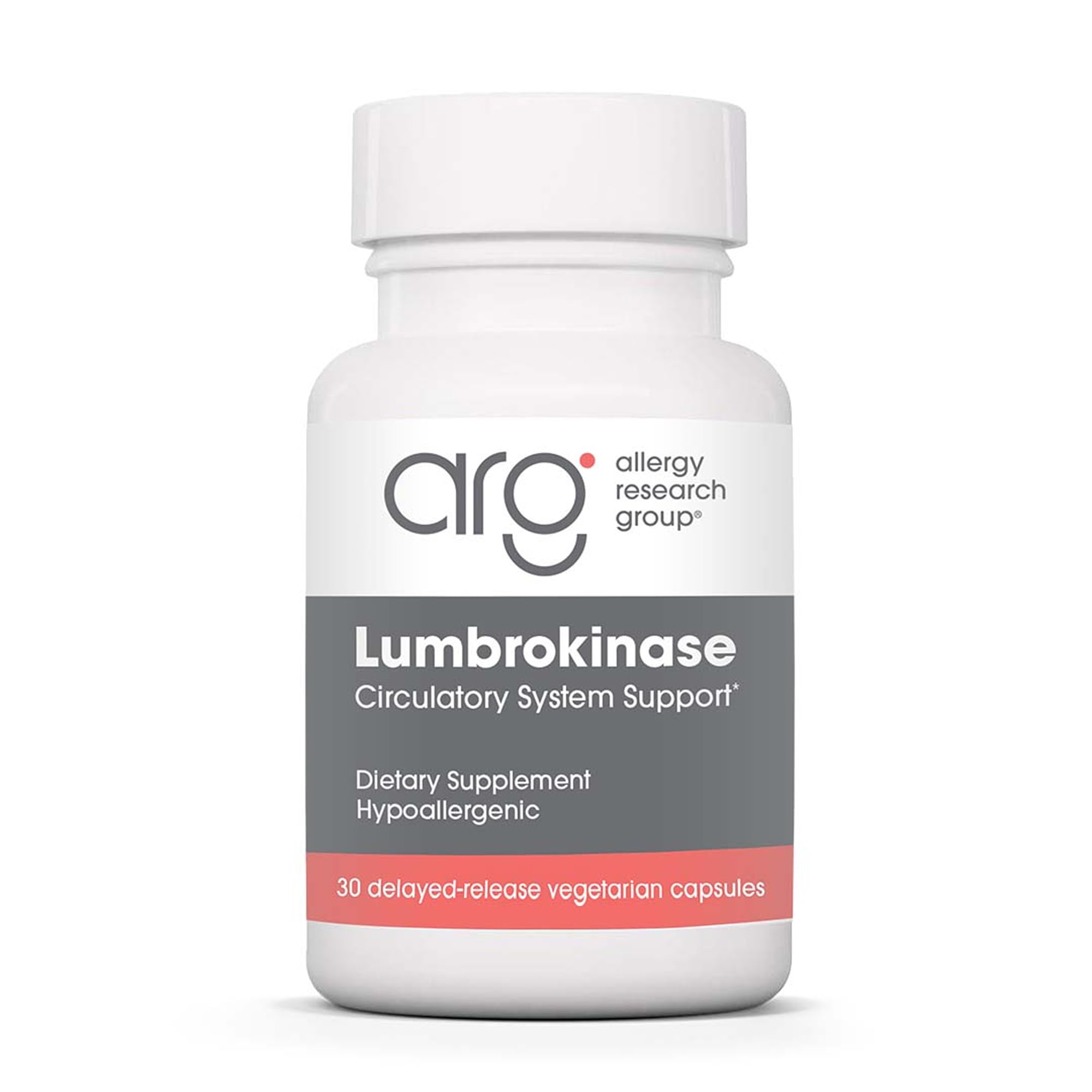 ARG Lumbrokinase bottle front emphasizing circulatory support for healthy blood flow