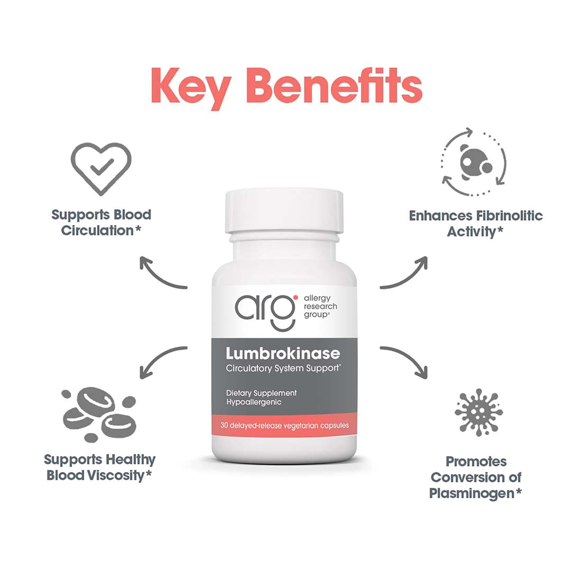 ARG Lumbrokinase label close-up highlighting gluten-free and allergen-safe formulation