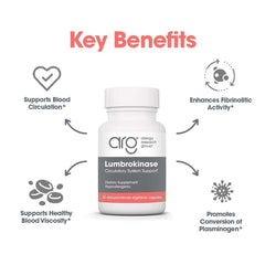 ARG Lumbrokinase label close-up highlighting gluten-free and allergen-safe formulation