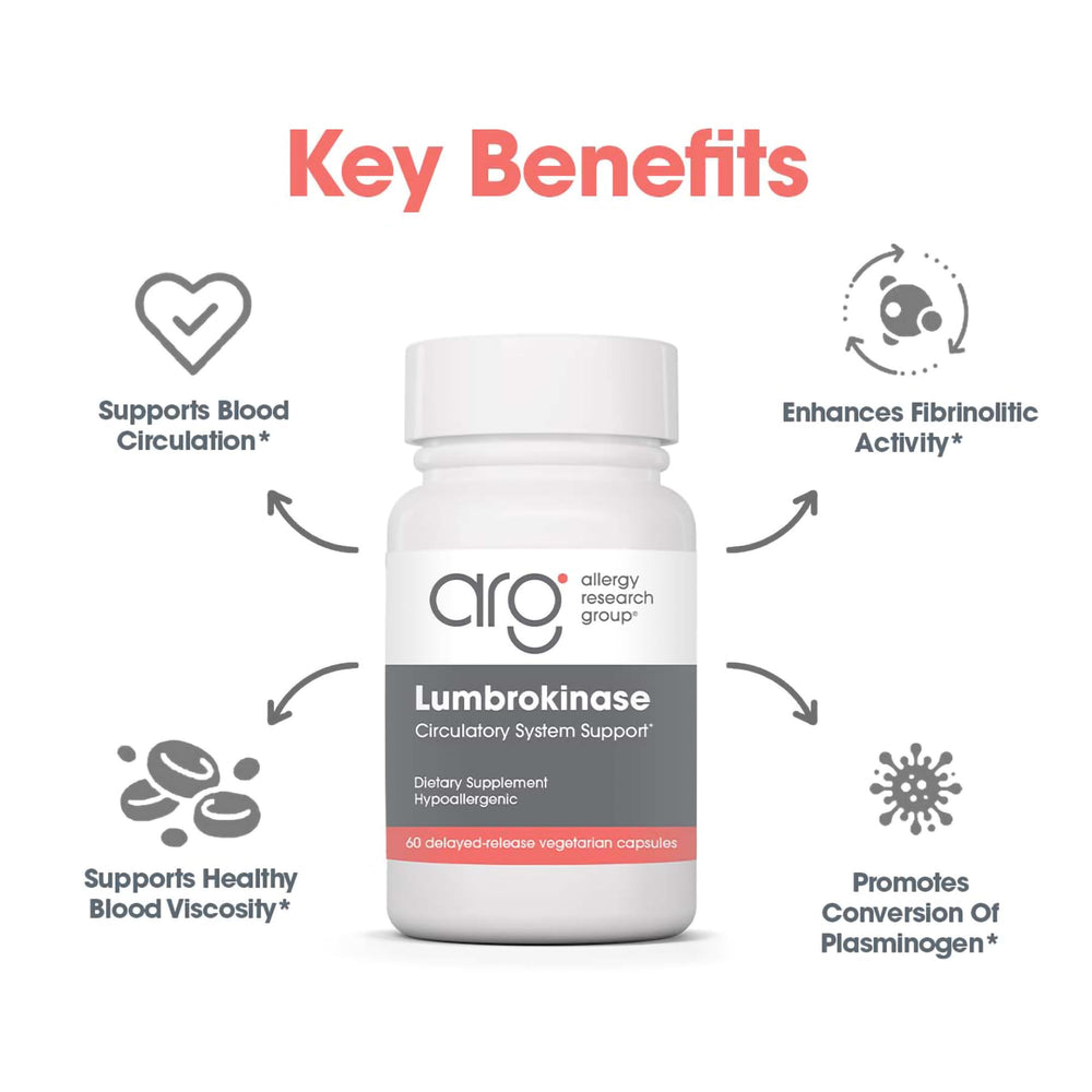 Nutrition label detail shows 32 mg lumbrokinase per capsule