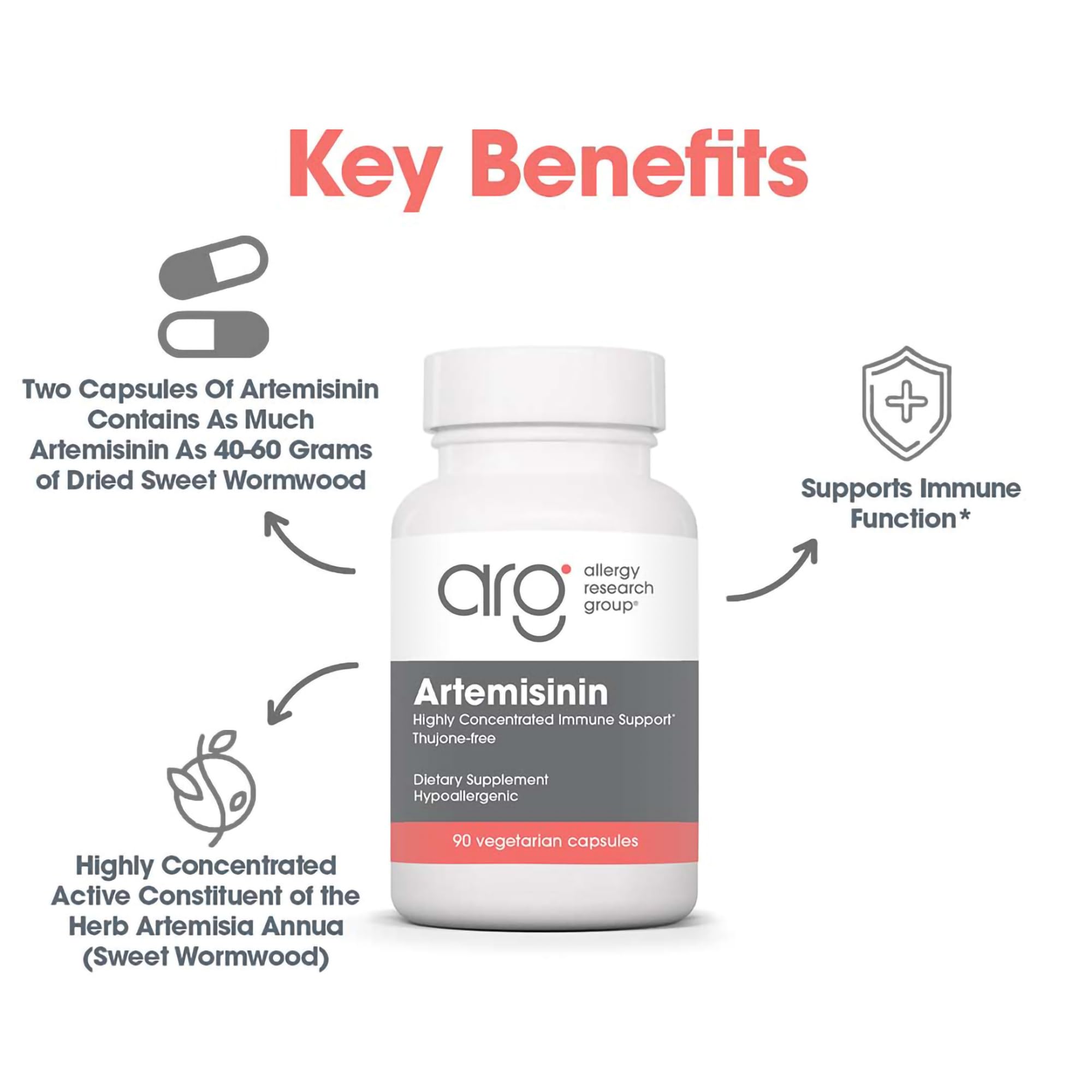 Capsule close-up shows easy-to-swallow vegetarian format from Allergy Research Group Artemisinin.