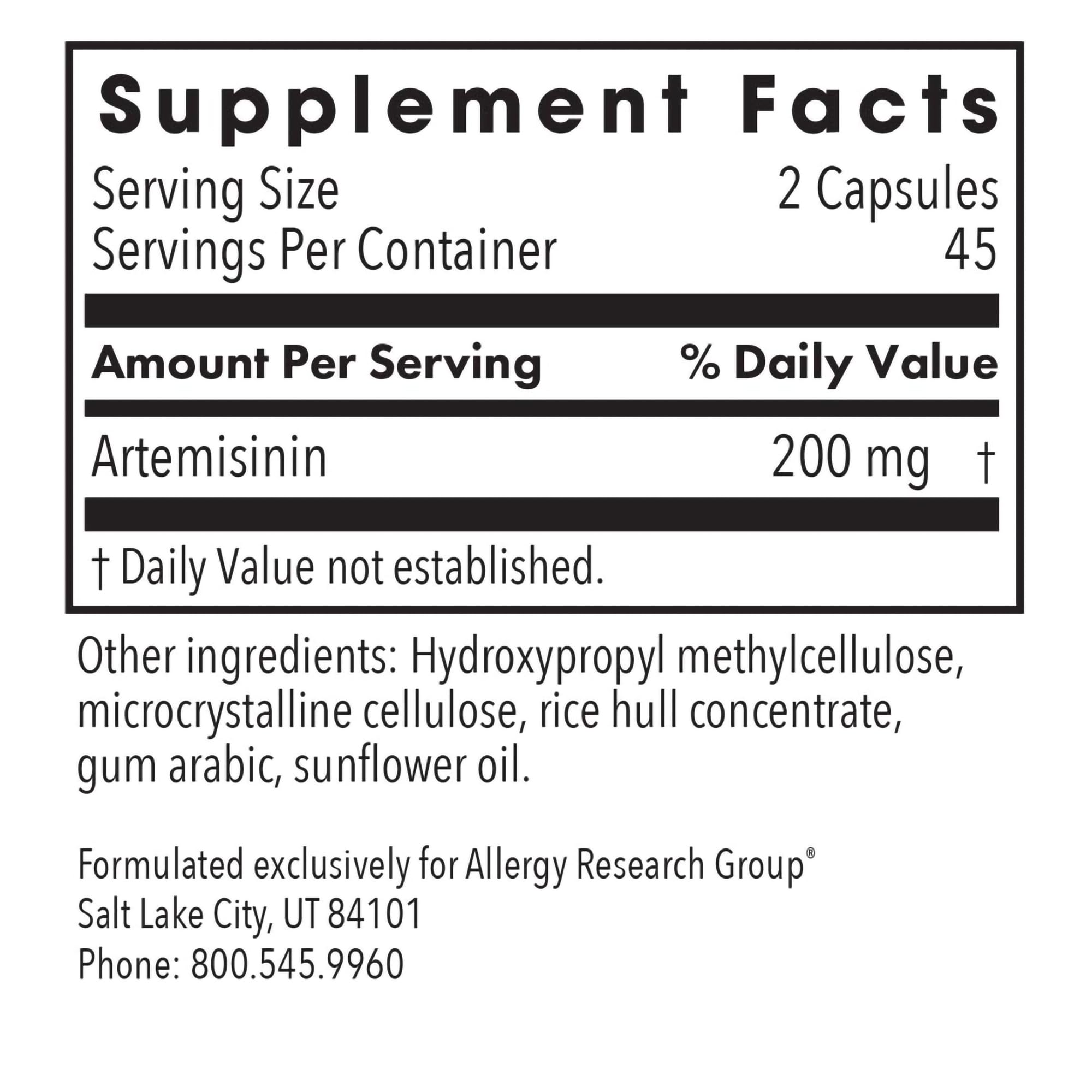 Allergy Research Group Artemisinin supplement label highlights purity and allergen-free formulation.