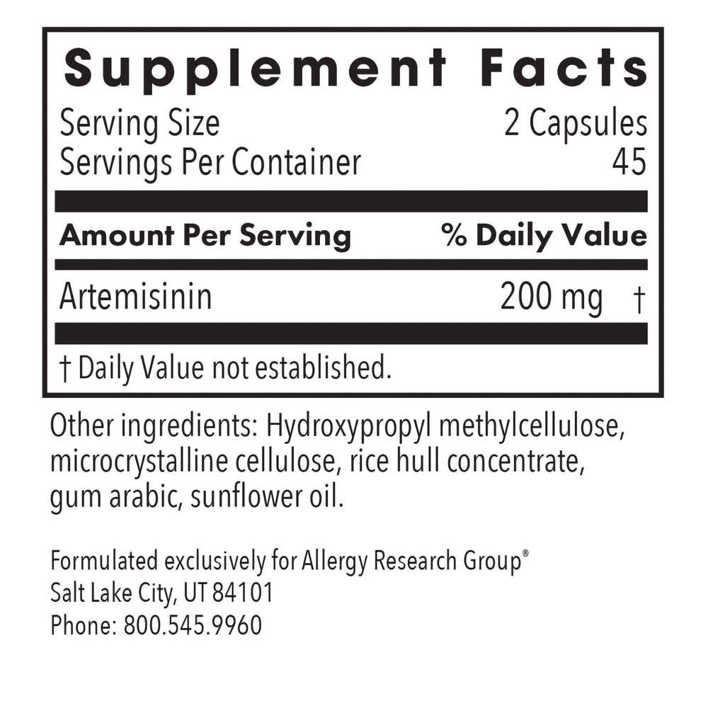 Allergy Research Group Artemisinin supplement label highlights purity and allergen-free formulation.