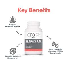 Allergy Research Group berberine bottle label emphasizes quality standards and GMP controls.
