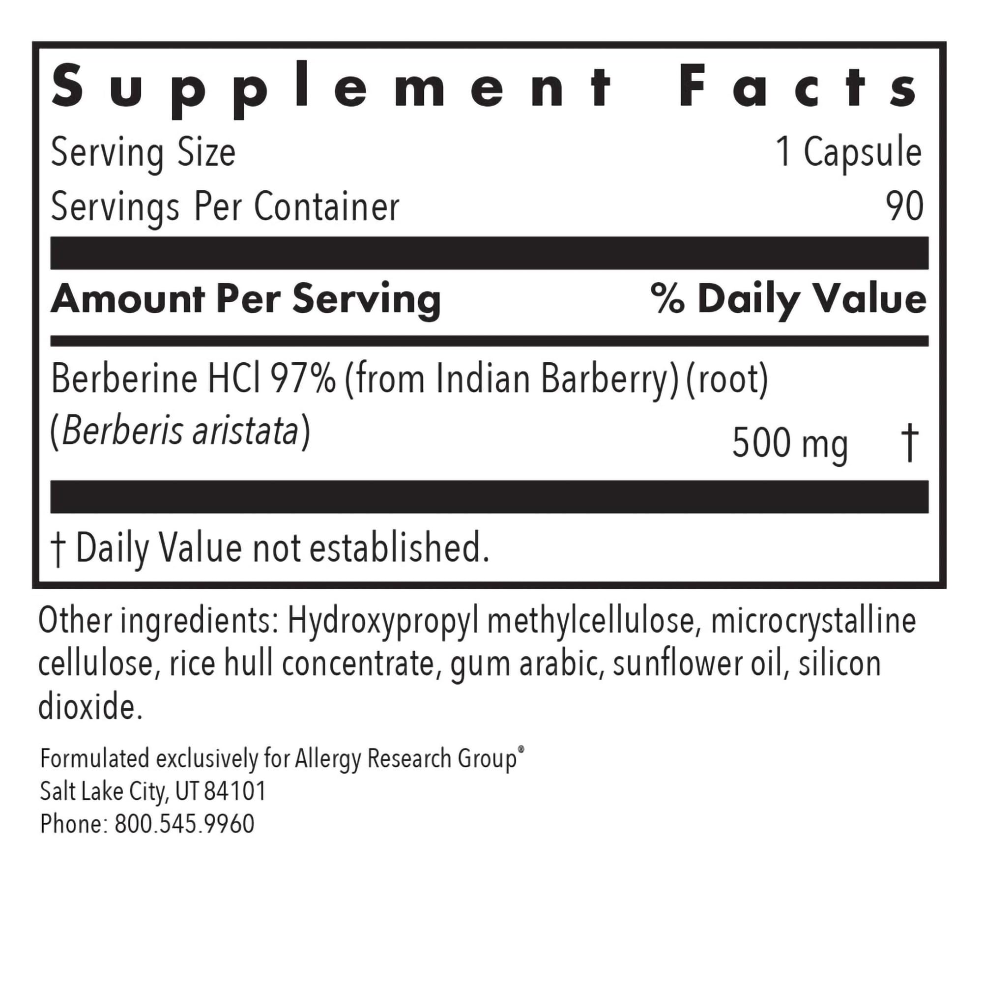 Allergy Research Group berberine HCl 97% panel highlights purity and strong ingredient concentration.