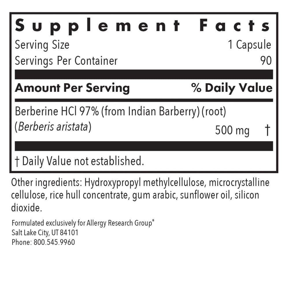 Allergy Research Group berberine HCl 97% panel highlights purity and strong ingredient concentration.