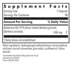Allergy Research Group berberine HCl 97% panel highlights purity and strong ingredient concentration.