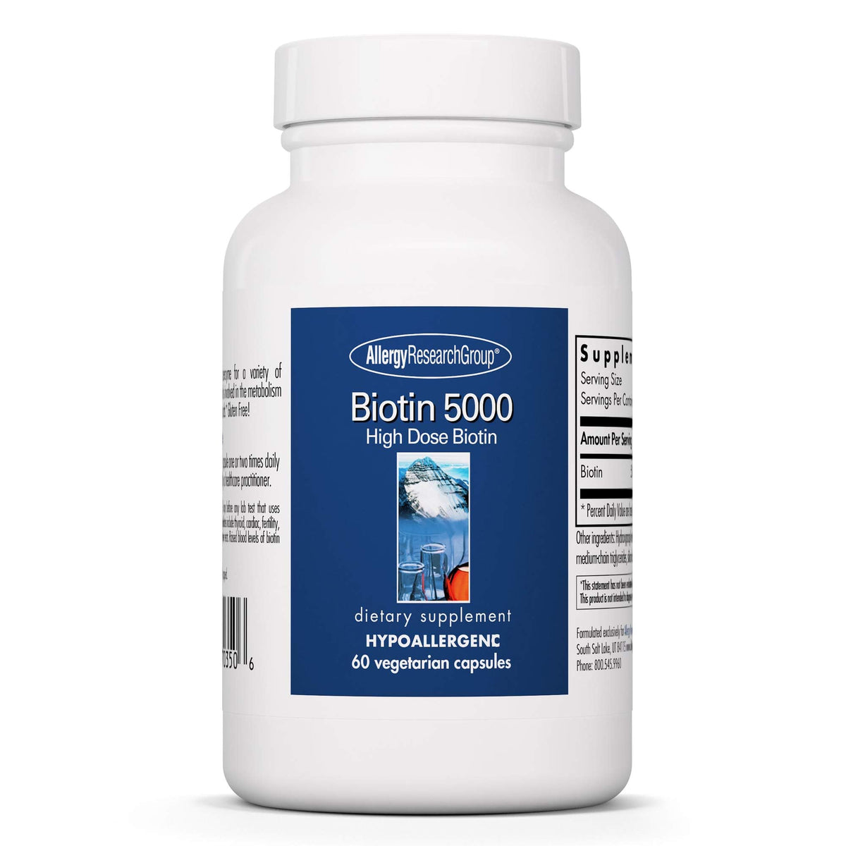 Allergy Research Group Biotin 5000 bottle promotes hair, skin, and nails health