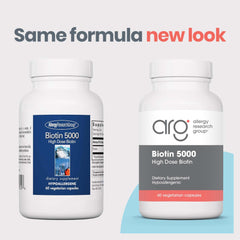 Allergy Research Group Biotin 5000 label highlights gluten-free, hypoallergenic formula