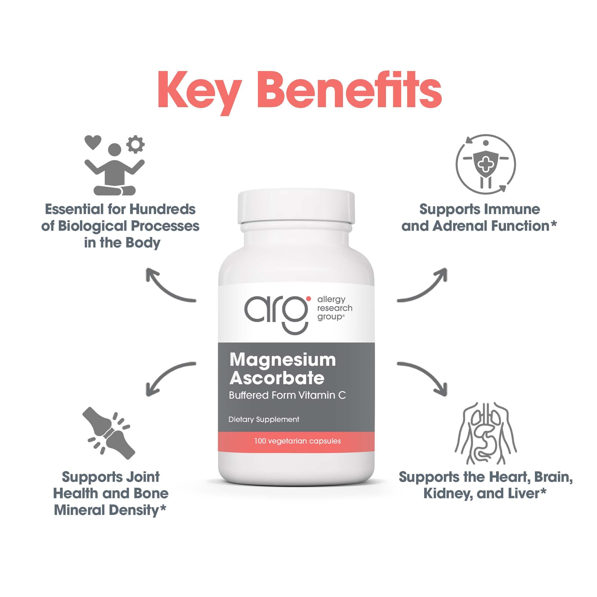 Allergy Research Group capsules closeup highlighting non-acidic buffered vitamin C.
