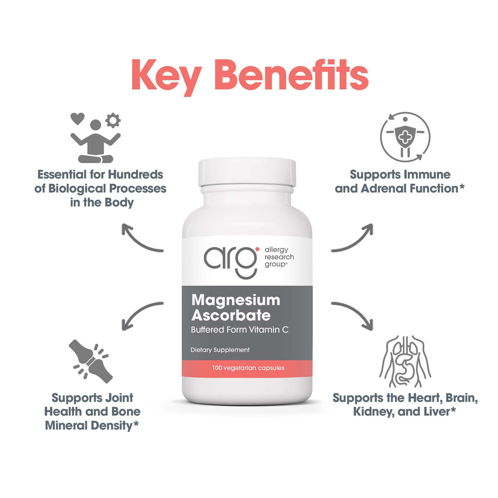 Allergy Research Group capsules closeup highlighting non-acidic buffered vitamin C.