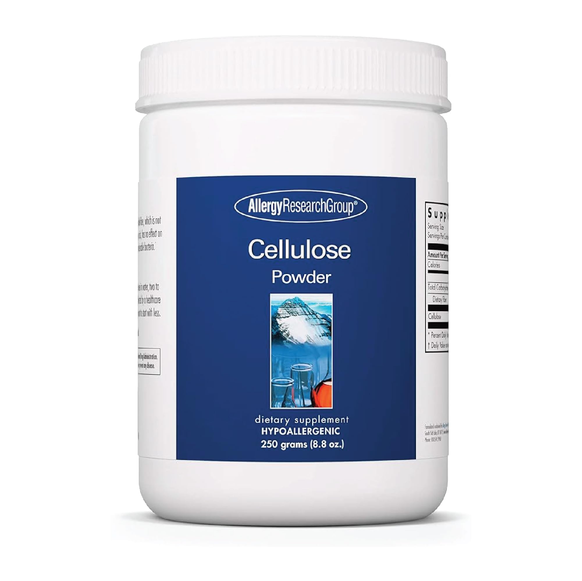 Allergy Research Group cellulose powder bottle showing convenient daily insoluble fiber for bowel health.