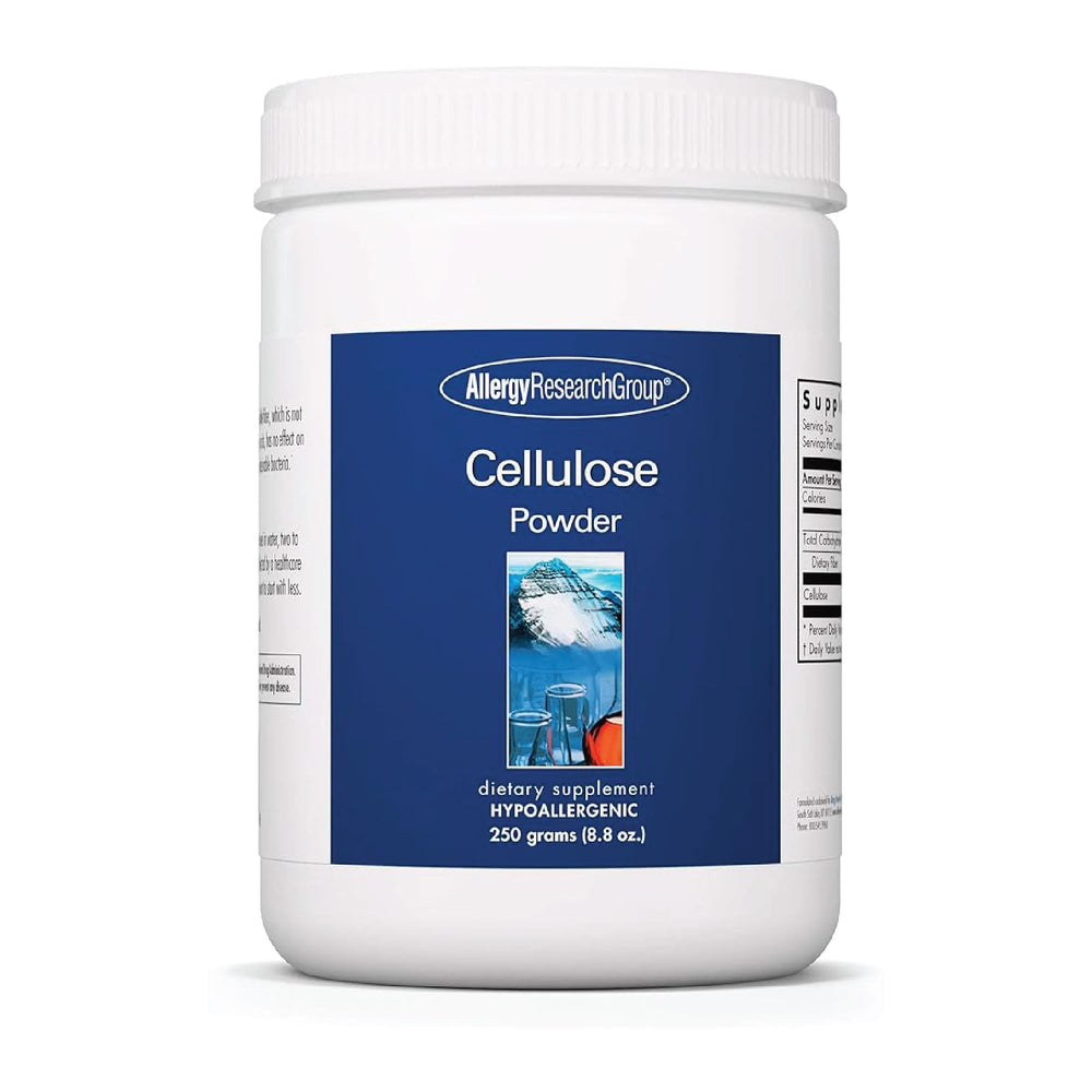 Allergy Research Group cellulose powder bottle showing convenient daily insoluble fiber for bowel health.