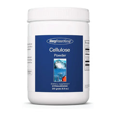 Allergy Research Group cellulose powder bottle showing convenient daily insoluble fiber for bowel health.
