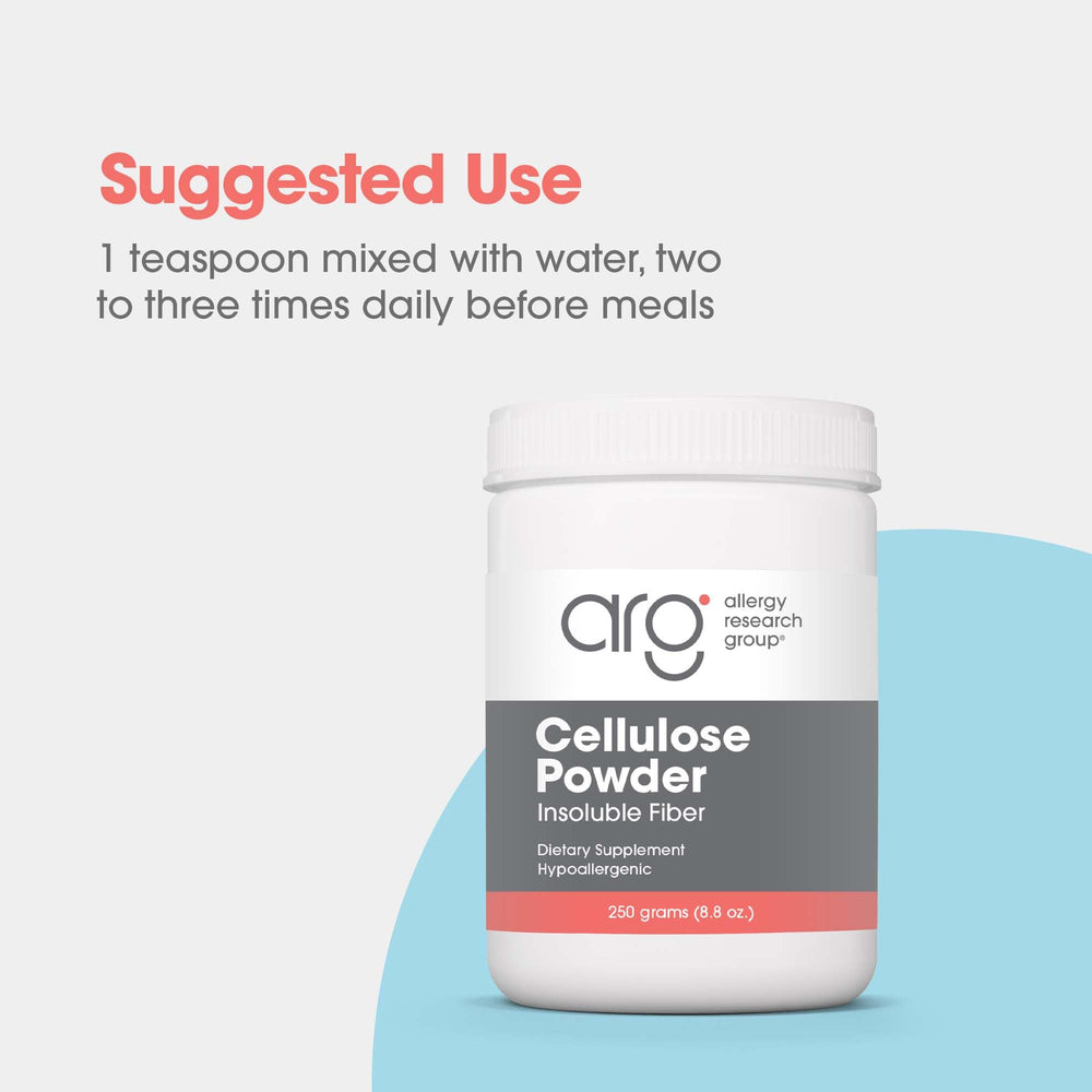 Allergy Research Group cellulose powder in water illustrates simple mixing for daily fiber intake.