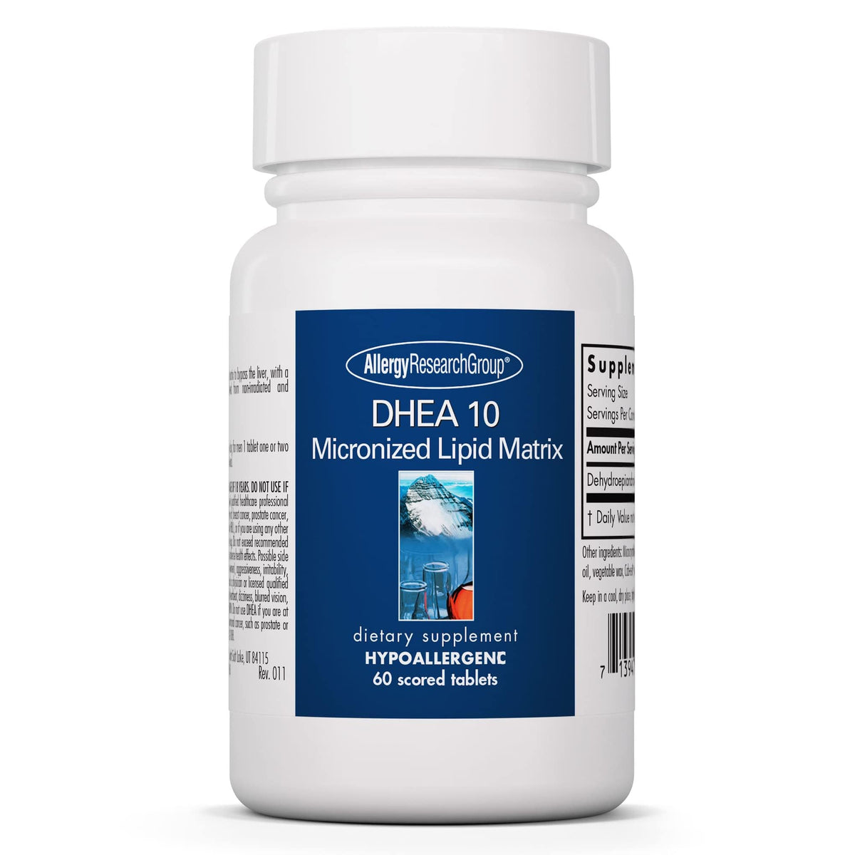 Allergy Research Group DHEA 10mg tablet shown with micronized formula for better absorption.