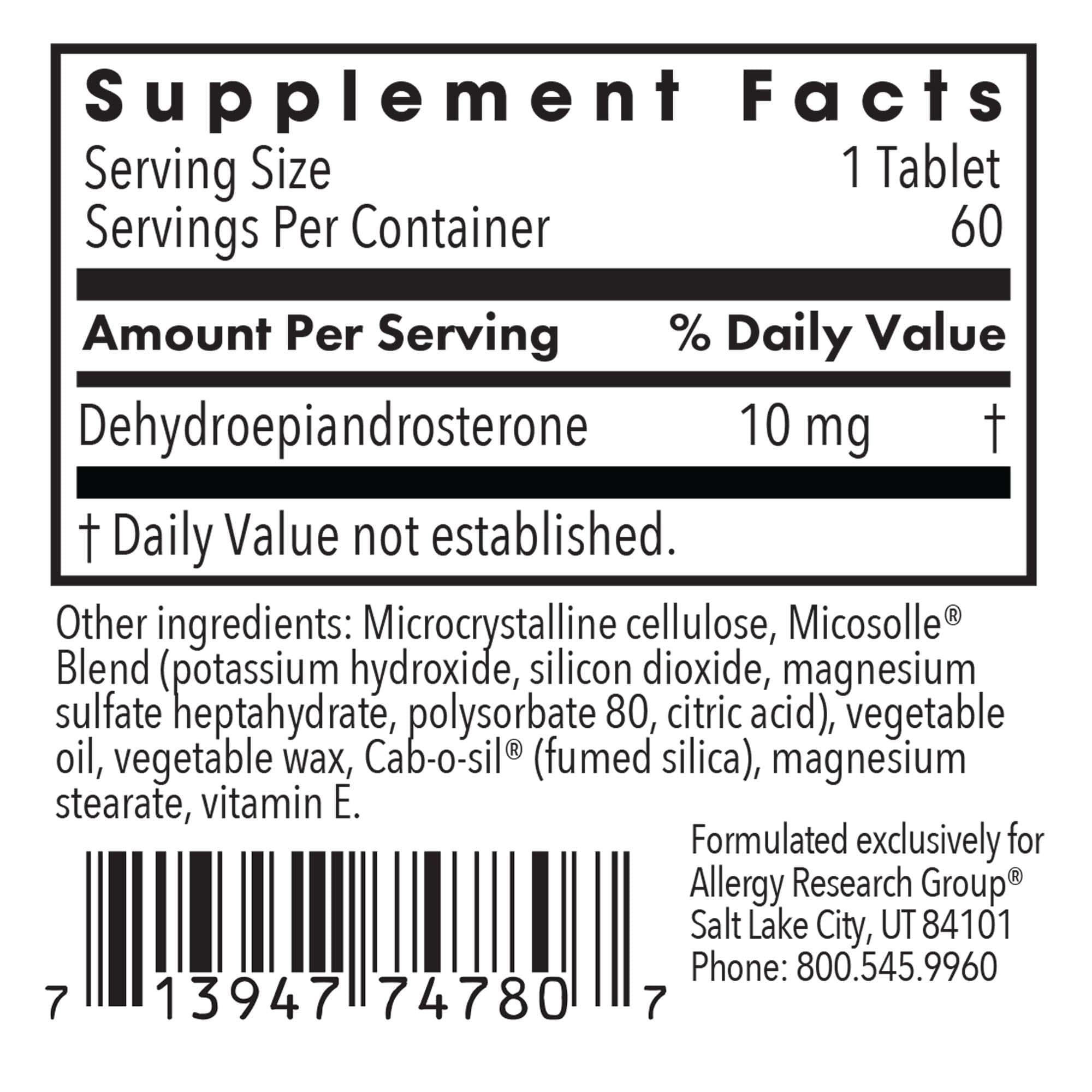 Allergy Research Group DHEA tablet in lipid matrix highlights improved bioavailability.