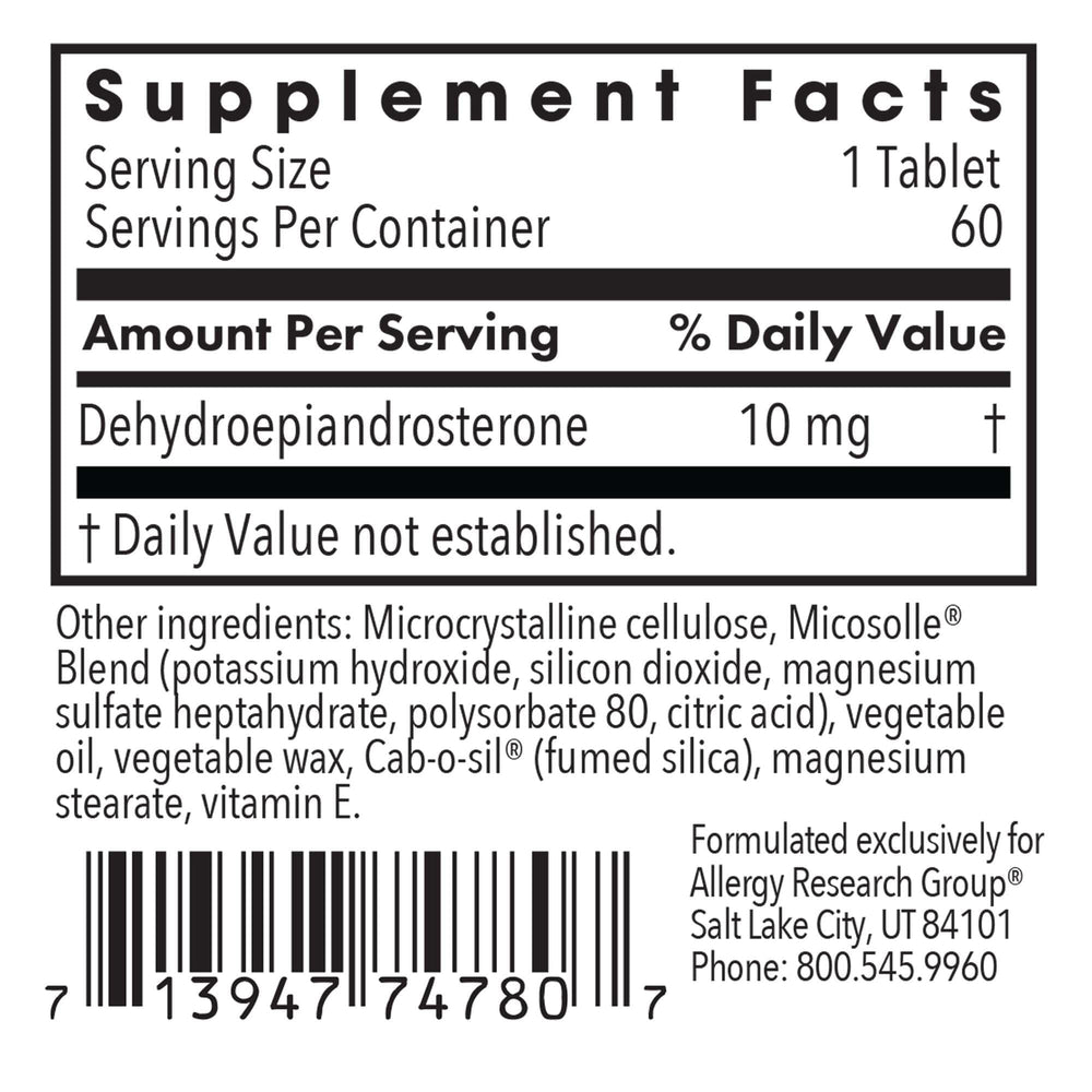 Allergy Research Group DHEA tablet in lipid matrix highlights improved bioavailability.