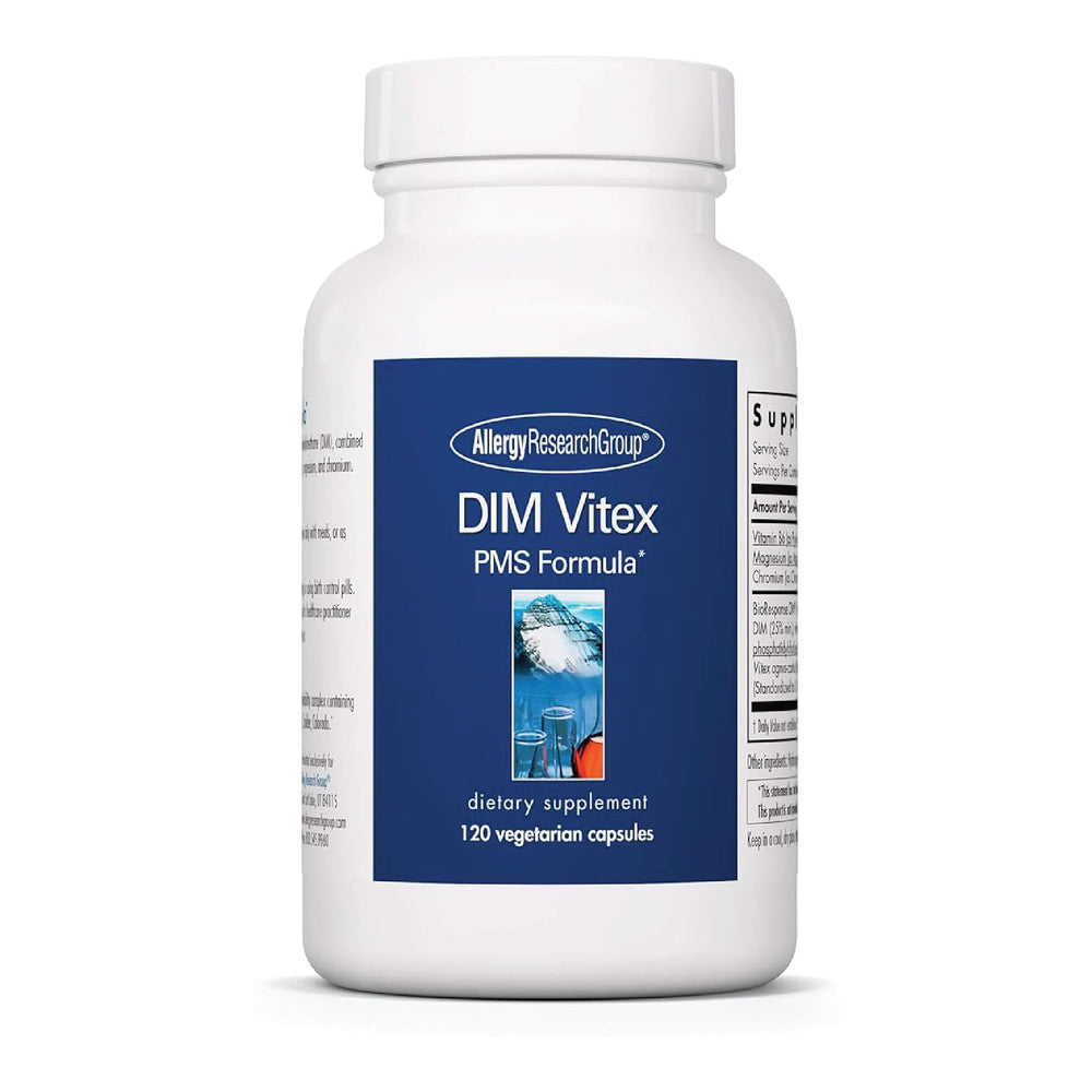 Allergy Research Group DIM Vitex supplement bottle showcases hypoallergenic, vegetarian capsules for daily balance